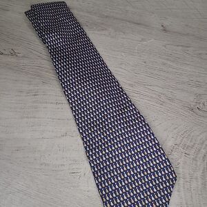 Salvatore Ferragamo Mens 100% Silk Blue Geometric Tie Sitting Dog Dogs Puppies